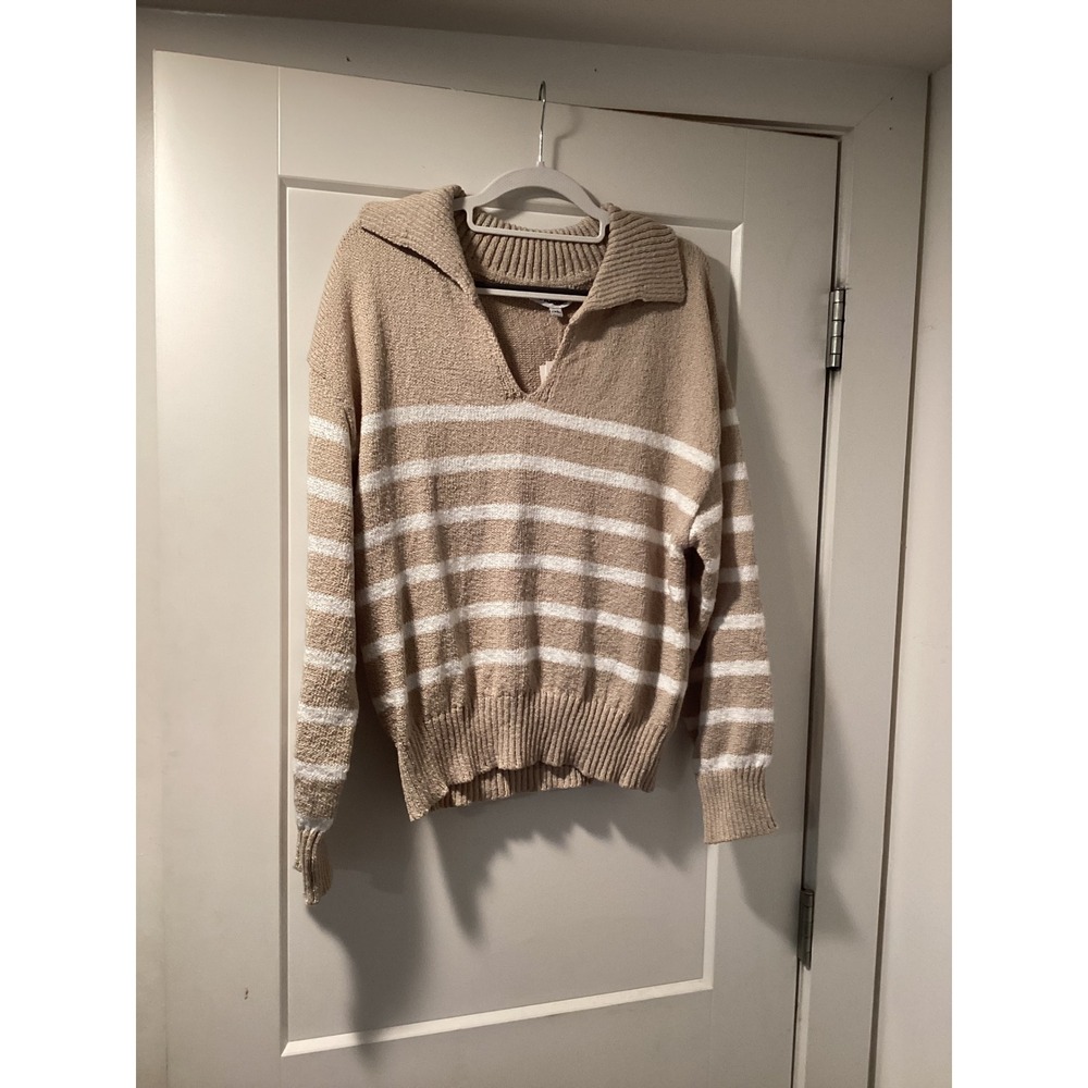 Vigoss Womens Striped Polo Sweater Oatmeal White Knit V-Neck VC-W03186A XL NEW